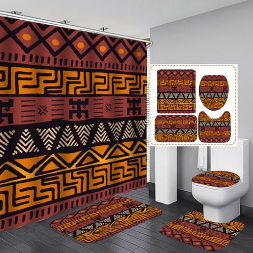 Duschvorhang Schwarz Orange Brick Red Badezimmerteppich 4-Teiliges Set, Duschvorhang 180x180 Polyester+Badematte rutschfeste(50x80)+U-Typ Teppich Wasseraufnahme Schmutzfangmatte+Toile Fußmatte von ZQMHCY