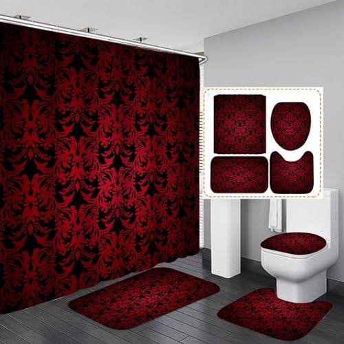 Duschvorhang Schwarz Rot Badezimmerteppich 4-Teiliges Set, Duschvorhang 180x180 Polyester+Badematte rutschfeste(50x80)+U-Typ Teppich Wasseraufnahme Schmutzfangmatte+Toile Fußmatte von ZQMHCY
