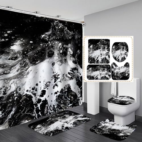 Duschvorhang Schwarzer Weißer Marmor Badezimmerteppich 4-Teiliges Set, Duschvorhang 180x180 Polyester+Badematte rutschfeste(50x80)+U-Typ Teppich Wasseraufnahme Schmutzfangmatte+Toile Fußmatte von ZQMHCY