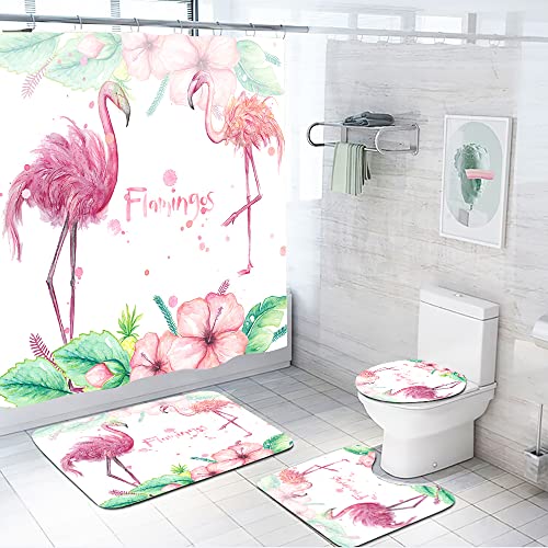 Duschvorhang Tropisches Flamingo Pink Badezimmerteppich 4-Teiliges Set, Duschvorhang 180x180 Polyester+Badematte rutschfeste(45x75)+U-Typ Teppich Wasseraufnahme Schmutzfangmatte+Toile Fußmatte von ZQMHCY