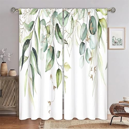 Gardinen Goldene Grüne Blätter Curtain Weich Vorhang Vorhang Blickdicht Vorhang mit ösen Verdunklungsvorhänge Vorhänge Wohnzimmer Schallschutz Curtains Living Room Schlafzimmer 2x140x180cm von ZQMHCY