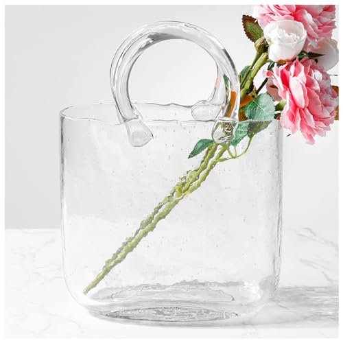 Glas Handtasche Vase FüR Blumen, Aus Geblasenem Glas Taschenvase Transparente Blumenvase, Dekorative, Moderne Blasen, Kristallglas, Blumenvasen,Style1-Transparent von ZQMHCY