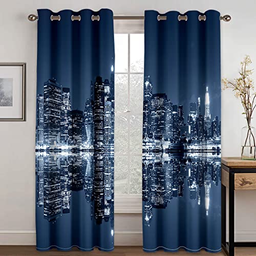 Verdunklungsvorhänge Blaue Stadt Scheibengardinen Weich Vorhänge Wohnzimmer Vorhang Schlafzimmer Verdunkelungsvorhang Vorhänge Blickdicht Gardinemit Ösen Schallschutz Curtains 2x140x160cm von ZQMHCY