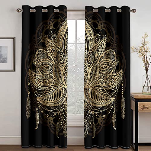 Verdunklungsvorhänge Mandala-Goldenes Schwarzes Scheibengardinen Weich Vorhänge Wohnzimmer Vorhang Schlafzimmer Verdunkelungsvorhang Vorhänge Blickdicht Gardinemit Ösen Schallschutz Curtains 2x140x180 von ZQMHCY