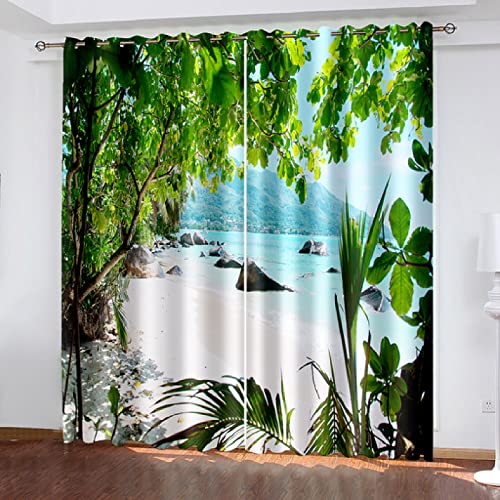 Verdunklungsvorhänge Strand Grüner Wald Scheibengardinen Weich Vorhänge Wohnzimmer Vorhang Schlafzimmer Verdunkelungsvorhang Vorhänge Blickdicht Gardinemit Ösen Schallschutz Curtains 2x140x180cm von ZQMHCY