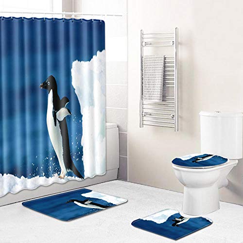ZQMHCY Duschvorhang Pinguin Blau Weiß Shower Curtains 4-Teiliges Set, 1 Duschvorhang 180x180 Polyester+1 Badteppich rutschfeste(50x80)+1 U-Typ Wasseraufnahme Teppich+1 Toilettensitzkissen von ZQMHCY