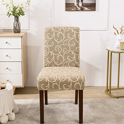 ZQMHCY Stuhlhussen Beige Jacquard Stuhlbezug Stretch Weiche Elasthan Hussen für Stühle Abnehmbare Waschbar Stuhlhusse Langlebig Universal Chair Cover Sehr Pflegeleicht 2 Stück von ZQMHCY