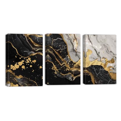 ZQQART 3 teiliges abstraktes Wandbild auf Leinwand Schwarz und Gold abstrakte Bilddrucke Marmorstruktur Malerei Gold flüssige Drucke Kunstdekor Rahmen(Gold,40x60cmx3 Pieces) von ZQQART