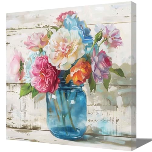 ZQQART Farbenfrohe Pfingstrosen Wandbilder auf Leinwand blühende Hortensien in einer Vase Bild mit botanischem Bauernhaus Thema für die Wanddekoration zu Hause (Blau,40x40cm) von ZQQART