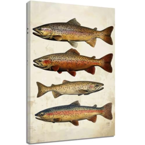 ZQQART Fisch Leinwanddrucke Vintage Poster mit Forellenfischen Süßwasserbarsch Bilder Küstendekoration für Angler Angelbegeisterte Geschenke (Braun,40x60cm) von ZQQART