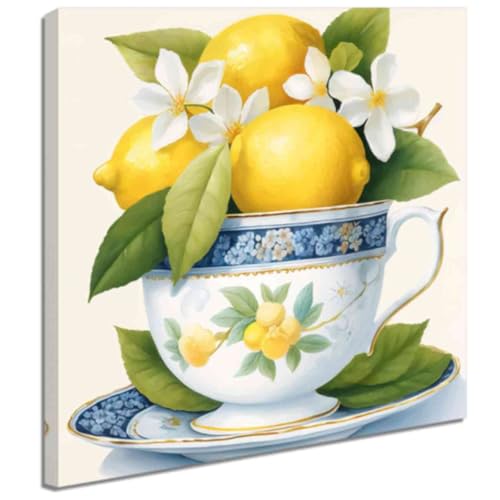 ZQQART Gelbe Zitrone Leinwand Wanddrucke Rustikale Zitrone Teetasse Blumenmalerei Vintage Obst Sommer Bauernhaus Küche Esszimmer Dekor (Grün,30x30cm) von ZQQART
