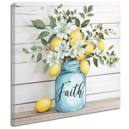 ZQQART Gelbe Zitrone Leinwand Wanddrucke Rustikale Zitrone Teetasse Blumenmalerei Vintage Obst Sommer Bauernhaus Küche Esszimmer Dekor (Weiß,30x30cm) von ZQQART