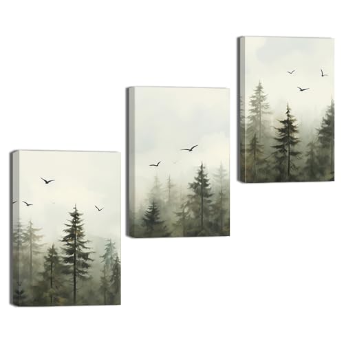ZQQART Großes Wandbild mit nebligem grünem Kiefernbaum 3 teilig nebliger Wald Leinwandgemälde Drucke Natur neblige Landschaft Bild Schlafzimmer Dekor Rahmen(30x40cmx3 Pieces) von ZQQART