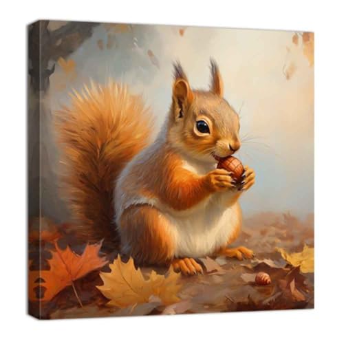 ZQQART Herbst Leinwandbild süßes Eichhörnchen Poster orangefarbenes Ahornblatt Bild Herbstwald Druck Gemälde Kunstwerk Thanksgiving Wanddekoration gerahmt(Orange,30x30cm) von ZQQART