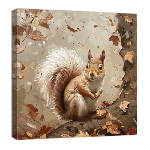 ZQQART Herbst Leinwandbild süßes Eichhörnchen Poster orangefarbenes Ahornblatt Bild Herbstwald Druck Gemälde Kunstwerk Thanksgiving Wanddekoration gerahmt(Weiß,30x30cm) von ZQQART