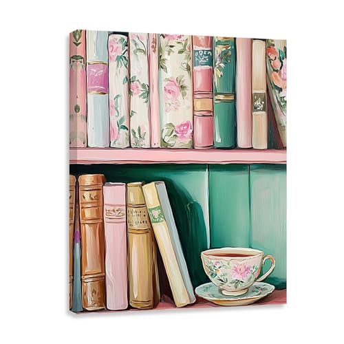 ZQQART Leinwandbild, Blumenbücher, Rosa, Bücherregal, Bild, Wanddekoration, Buchhandlung, Thema, Gemälde, Studium, Leseecke, Dekoration, gerahmt (Rosa, 16 x 20 cm) von ZQQART