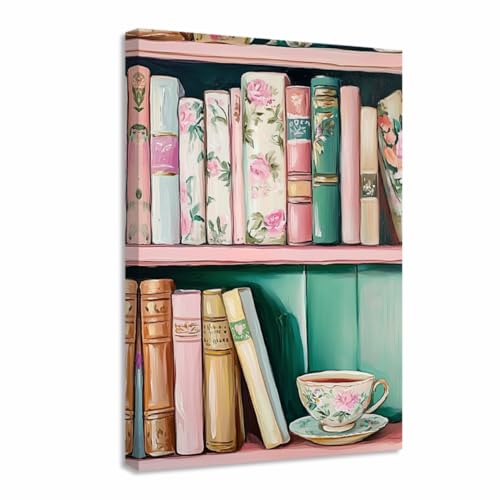 ZQQART Leinwandbild, Blumenbücher, Rosa, Bücherregal, Wanddekoration, Buchhandlung, Thema, Gemälde, Studium, Leseecke, Dekoration, gerahmt (Rosa, 12 x 18 B) von ZQQART