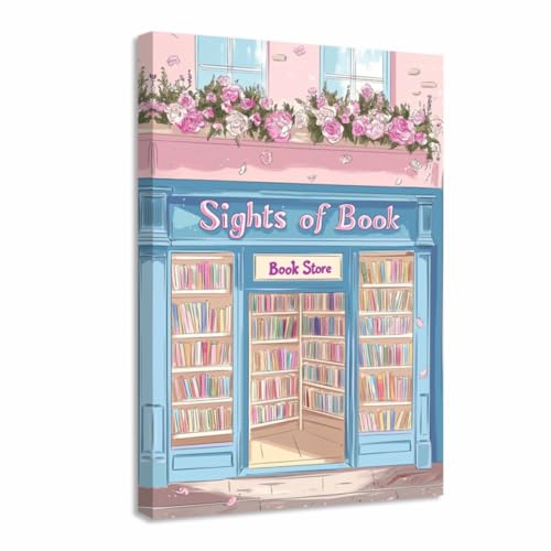 ZQQART Leinwandbild, Blumenbücher, Rosa, Bücherregal, Wanddekoration, Buchhandlung, Thema, Gemälde, Studium, Leseecke, Dekoration, gerahmt (blaugrün, 16 x 24 B) von ZQQART