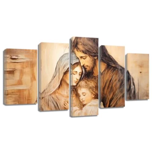 ZQQART Leinwandbild Heilige Familie 5 teilig Josef Maria mit Jesuskind Bild christliche Malerei katholisches Poster Wanddekoration (Braun,20x35cmx2 20x45cmx2 20x55cmx1) von ZQQART