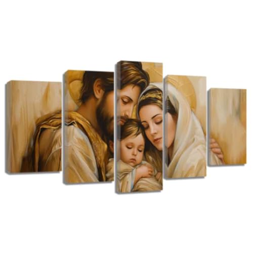 ZQQART Leinwandbild Heilige Familie 5 teilig Josef Maria mit Jesuskind Bild christliche Malerei katholisches Poster Wanddekoration (Gold,40x60cmx2 40x80cmx2 40x100cmx1) von ZQQART