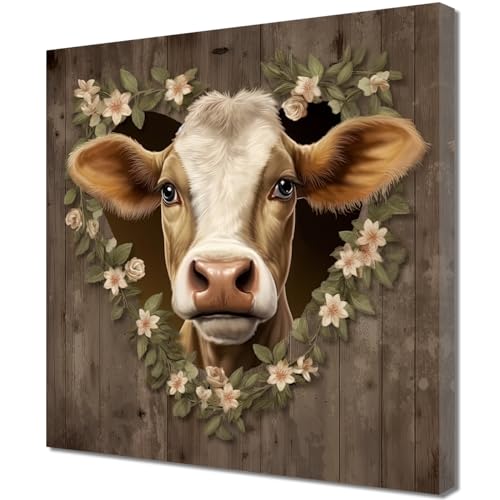 ZQQART Leinwandbild Highland Cow Bauernhaus Kuh Stirnband Blumen Poster lustiges Kuh Kunstwerk Landrinder Tiergemälde für Küche Esszimmer Heim Wanddekoration (Kuh,30x30cm) von ZQQART