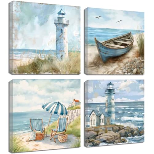 ZQQART Leinwandbild mit Bootsmotiv 4 teilig nautisches Boot Leuchtturm Stühle Bild rustikale Meereslandschaft Küstengemälde Ozeanthema für Badezimmer Schlafzimmer Wohnzimmer Wanddekoration (30x30cmx4) von ZQQART