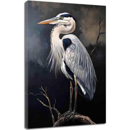 ZQQART Leinwandbild mit Graureiher Vogel Vintage Poster mit weißem Reiher Küstenstorch auf Schilf Bild Schwarz Weiß Kranich Gemälde für die Inneneinrichtung (Weiß,40x60cm) von ZQQART