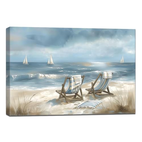 ZQQART Strandkorb Leinwandbild Wandbild Küstenstrandkorb Bilddrucke Seegras Segelboot Kunstwerk Meereslandschaft Gemälde Drucke Gerahmt(Strand 1,40x60cm) von ZQQART