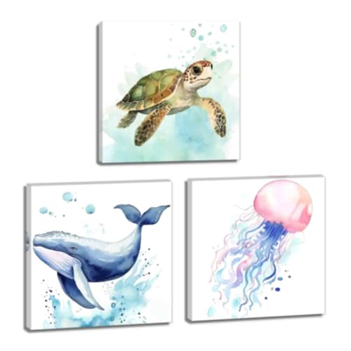 ZQQART Wanddrucke mit Meerestieren 3er Set Meeresschildkröte Seepferdchen Qualle Wal Leinwand Aquarell Ozeantiere Gemälde Meerestier Poster Dekor (Weiß,30x30cmx3) von ZQQART