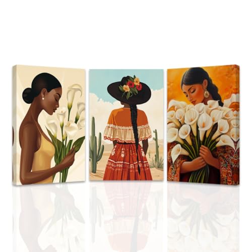 ZQQART Wandkunst-Set mit mexikanischen Frauen, 3 Calla-Lilien-Blumen, Leinwanddrucke, südwestliche weibliche Malerei für Wand, Bohemian-Stil, Poster, gerahmt (schwarz, 50,8 x 71,1 x 3 Stück) von ZQQART