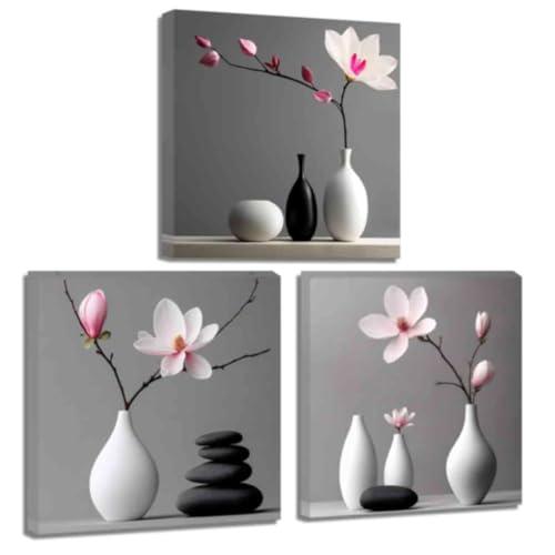 ZQQART Zen Kunst auf Leinwand Zen Blumengemälde Zen Steindrucke Badezimmer Deko Magnolien Stillleben Bilder Zen Geist Meditationsraum Spa Wanddekoration (40x40cmx3) von ZQQART