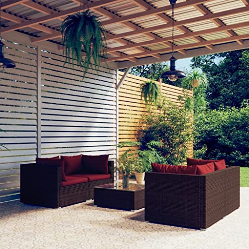5-tlg. Garten-Lounge-Set mit Kissen Poly Rattan,Esszimmergarnitur für draußen,Bistro-Sitzgarnituren,Lounge-Möbel-Sets,Outdoor-Möbel-Sets,Zeitgenössischer Stil,für den Außenbereich,Am Pool, Braun von ZQQLVOO