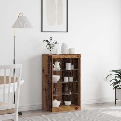 Rustikales Buffet Sideboard mit Altholzoberfläche und 3 Glasregalen – Stauraum Möbel für Esszimmer, Stylisches Servierbuffet mit Zeitlosem Design und Stabiler Bauweise von ZQQLVOO