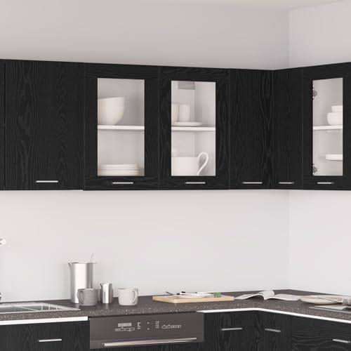 Schwarze Eichenhängevitrine Moderner Küchenschrank aus Eichenholz mit Vier Fächern und Scharniertüren für optimale Aufbewahrung und Elegante Raumorganisation. 8 von ZQQLVOO
