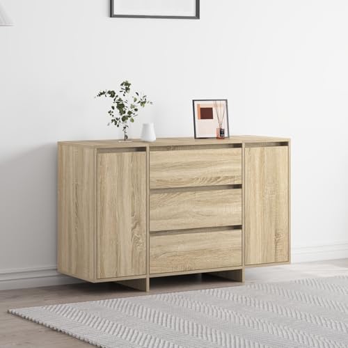 Sonoma Eichen Buffet Sideboard mit 3 Schubladen und Regalen, Zeitgenössisches Esszimmer Sideboard aus Holzwerkstoff für Stauraum und Elegantes Design von ZQQLVOO