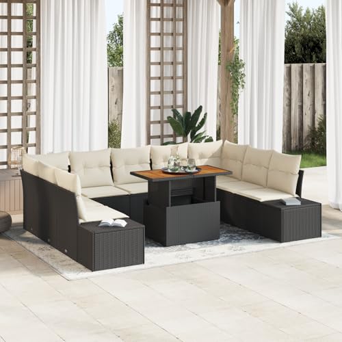ZQQLVOO 10-TLG. Garten-Essgruppe mit Kissen Schwarz Poly Rattan Akazie “区分 for 室外 von ZQQLVOO