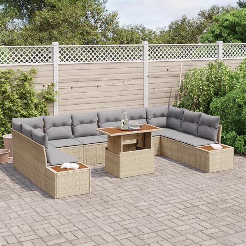 ZQQLVOO 11-teiliges Garten Esszimmer Set mit Kissen in Beige, Poly Rattan und Akazie Outdoor Möbel Gemütliche Outdoor Sitzgruppe Gartenmöbel Set Modulares Gartensofa von ZQQLVOO