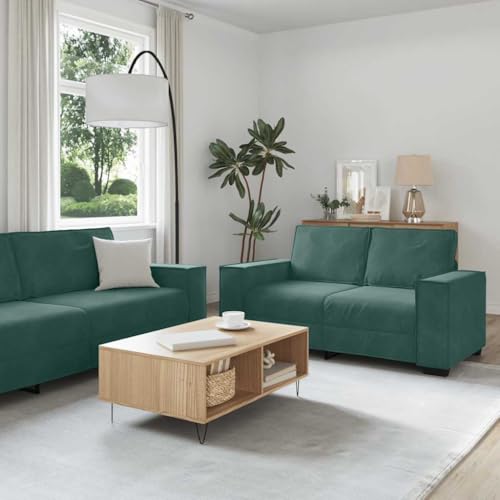 ZQQLVOO 2-TLG. Sofagarnitur mit Kissen Dunkelgrün Samt Gemütliches Samtsofa mit Breiten Armlehnen und robustem Holz-Metall-Gestell für Wohnzimmer und Büro von ZQQLVOO