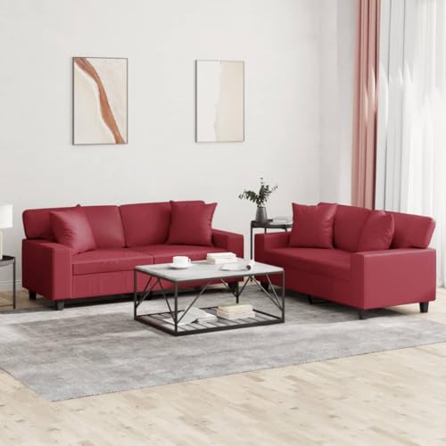 ZQQLVOO 2-TLG. Sofagarnitur mit Kissen Weinrot Kunstleder Langlebige Kunstleder Sofagarnitur mit Polsterung und Zierkissen für Wohnzimmer von ZQQLVOO