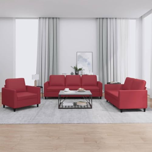 ZQQLVOO 3-TLG. Sofagarnitur mit Kissen Weinrot Kunstleder Langlebiges Kunstleder Sofa Set mit Hocker, Bequeme Sitzgarnitur für Wohnzimmer von ZQQLVOO