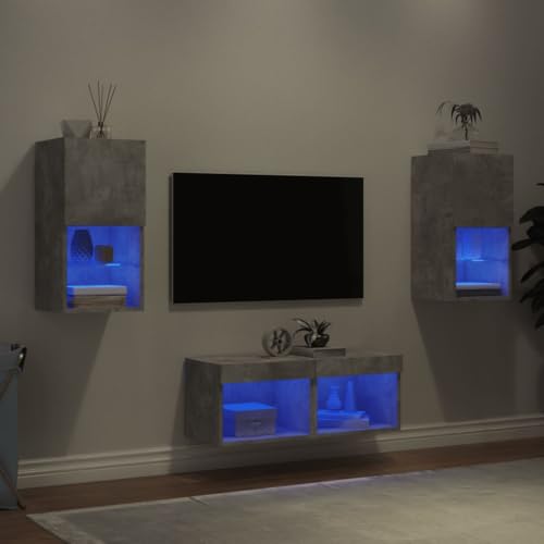 ZQQLVOO 4-TLG. TV-Wohnwand mit LED-Leuchten Betongrau Couchtisch tv Board Konsolentisch mit Schubladen Sideboard hängend von ZQQLVOO