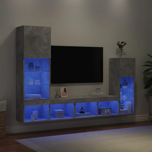 ZQQLVOO 4-TLG. Wohnwand mit LED-Beleuchtung Betongrau Holzwerkstoff TV-Wandschrank mit RGB-LED-Beleuchtung und USB-Anschluss, Stauraumlösung für Wohnzimmer von ZQQLVOO