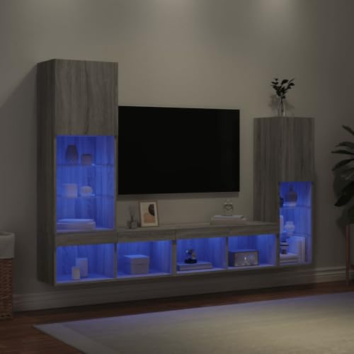 ZQQLVOO 4-TLG. Wohnwand mit LED-Beleuchtung Grau Sonoma Holzwerkstoff Fernsehtisch HiFi Rack Couchtisch Sideboard hängend von ZQQLVOO