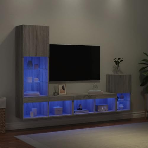 ZQQLVOO 4-TLG. Wohnwand mit LED-Beleuchtung Grau Sonoma Holzwerkstoff wohnzimmerschrank tv Bank Konsolentisch mit Schubladen Fernsehschrank von ZQQLVOO
