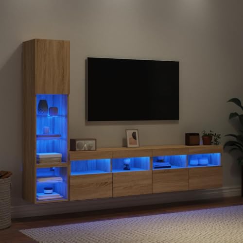 ZQQLVOO 4-TLG. Wohnwand mit LED-Beleuchtung Sonoma-Eiche Holzwerkstoff tv möbel Couchtisch kommode Sideboard Wohnzimmer von ZQQLVOO