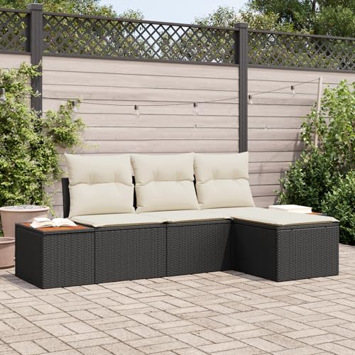 ZQQLVOO 4-teiliges Garten Sofa Set mit Kissen Schwarz Poly Rattan Akazie “区分 for 室外 von ZQQLVOO