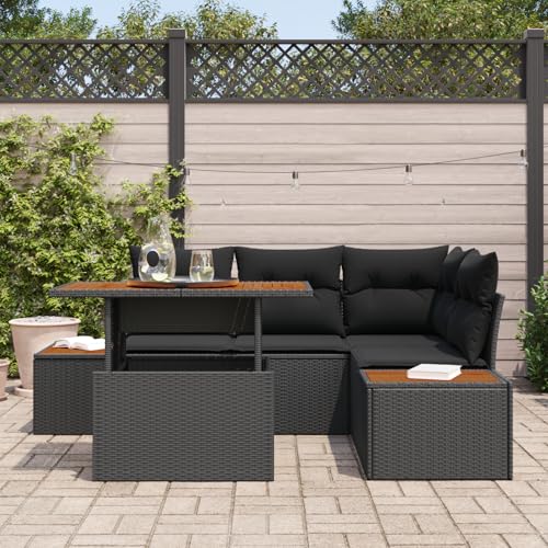 ZQQLVOO 5-TLG. Garten-Essgruppe mit Kissen Schwarz Poly Rattan Akazie “区分 for 室内 von ZQQLVOO