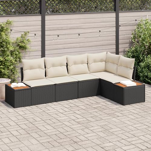 ZQQLVOO 5-teiliges Garten Sofa Set mit Kissen Schwarz Poly Rattan Akazie “区分 for 室内 von ZQQLVOO