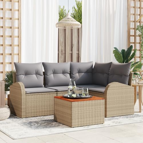 ZQQLVOO 5-teiliges Garten Sofa Set mit Kissen in Beige Poly Rattan und Akazie Wetterfeste Sitzbank Outdoor Polstergarnitur Bequeme Sitzgarnitur Handgewebte von ZQQLVOO