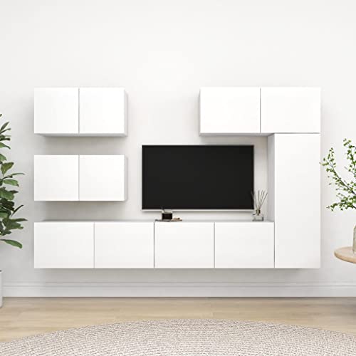 ZQQLVOO 6-TLG. TV-Schrank-Set Weiß Holzwerkstoff TV Schrank Set mit umkehrbarer Tür, Stauraum für Entertainment-Geräte, modernes Design, robuste Holzwerkstoff-Konstrukt von ZQQLVOO